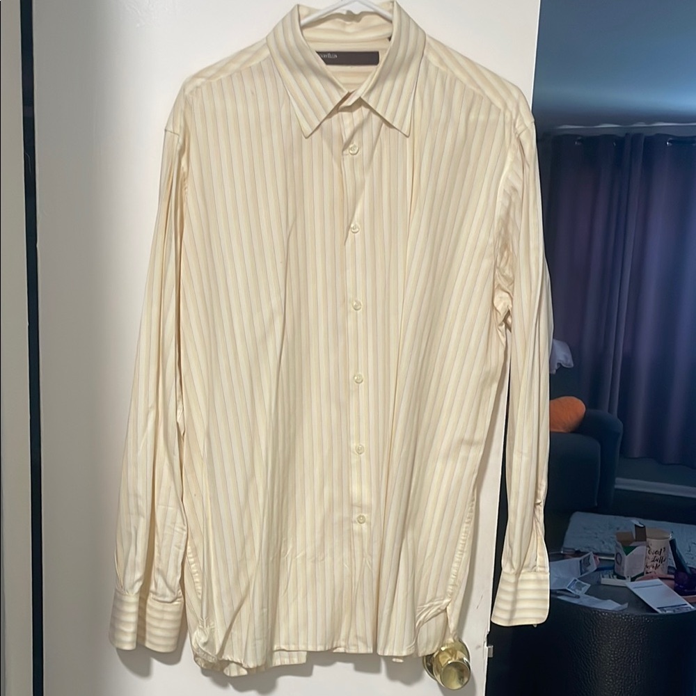 Perry Ellis Cream Dress Shirt with Subtle Stripes